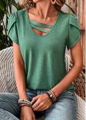Turquoise tops,Plain Color tops,ROTITA Patchwork Turquoise V Neck Short Sleeve T Shirt