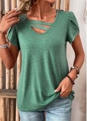 Turquoise tops,Plain Color tops,ROTITA Patchwork Turquoise V Neck Short Sleeve T Shirt