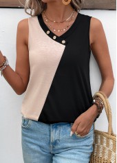 Black tops,Plain Color tops,ROTITA Patchwork Black V Neck Tank Top