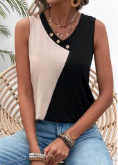 Black tops,Plain Color tops,ROTITA Patchwork Black V Neck Tank Top