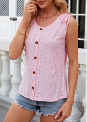 Pink tops,Plain Color tops,Button Pink Scoop Neck Tank Top