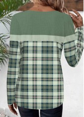 Sage Green tops,Plaid tops,Striped tops,Geometric tops,ROTITA Patchwork Plaid Sage Green Round Neck T Shirt