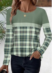Sage Green tops,Plaid tops,Striped tops,Geometric tops,ROTITA Patchwork Plaid Sage Green Round Neck T Shirt