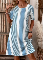 Light Blue dresses,White dresses,Striped dresses,Geometric dresses,Everyday dresses,Casual dresses,Pocket Striped Light Blue Round Neck Shift Dress