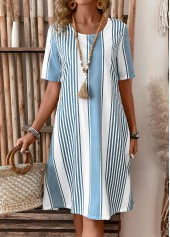 Light Blue dresses,White dresses,Striped dresses,Geometric dresses,Everyday dresses,Casual dresses,Pocket Striped Light Blue Round Neck Shift Dress