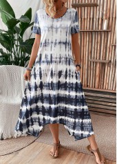 Dusty Blue dresses,Tie Dye dresses,Everyday dresses,Casual dresses,Pocket Tie Dye Print Dusty Blue A Line Dress