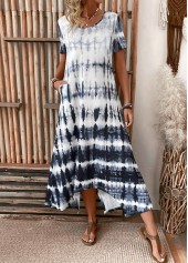Dusty Blue dresses,Tie Dye dresses,Everyday dresses,Casual dresses,Pocket Tie Dye Print Dusty Blue A Line Dress