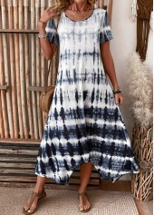 Robe trapèze bleu poussiéreux à imprimé tie-dye et poche