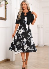Rotita - Robe et cardigan noirs à imprimé floral deux pièces