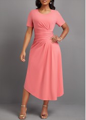 Pink dresses,Plain Color dresses,Party dresses,Elegant dresses,ROTITA Asymmetry Pink Round Neck Short Sleeve Dress