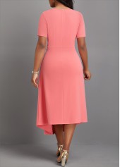 Pink dresses,Plain Color dresses,Party dresses,Elegant dresses,ROTITA Asymmetry Pink Round Neck Short Sleeve Dress