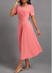 Pink dresses,Plain Color dresses,Party dresses,Elegant dresses,ROTITA Asymmetry Pink Round Neck Short Sleeve Dress