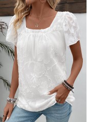 White tops,Plain Color tops,Chiffon White Square Neck Short Sleeve T Shirt