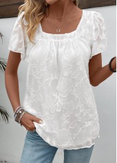 Chiffon White Square Neck Short Sleeve T Shirt