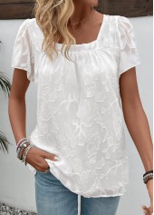 White tops,Plain Color tops,Chiffon White Square Neck Short Sleeve T Shirt