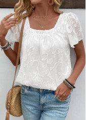 White tops,Plain Color tops,Chiffon White Square Neck Short Sleeve T Shirt
