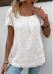 White tops,Plain Color tops,Chiffon White Square Neck Short Sleeve T Shirt