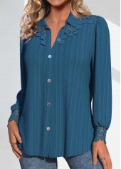Peacock Blue tops,Plain Color tops,ROTITA Patchwork Peacock Blue Shirt Collar Long Sleeve Blouse