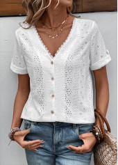 White tops,Plain Color tops,ROTITA Button White V Neck Short Sleeve Blouse