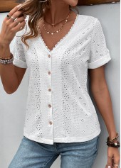 White tops,Plain Color tops,ROTITA Button White V Neck Short Sleeve Blouse