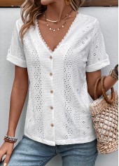 White tops,Plain Color tops,ROTITA Button White V Neck Short Sleeve Blouse