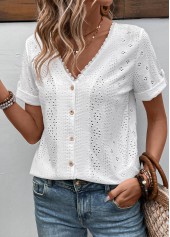 White tops,Plain Color tops,ROTITA Button White V Neck Short Sleeve Blouse