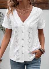 ROTITA Button White V Neck Short Sleeve Blouse