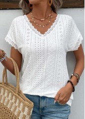 White tops,Plain Color tops,Patchwork White V Neck Short Sleeve T Shirt