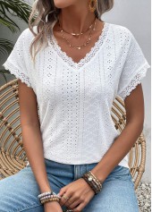 White tops,Plain Color tops,Patchwork White V Neck Short Sleeve T Shirt