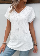 White tops,Plain Color tops,Patchwork White V Neck Short Sleeve T Shirt