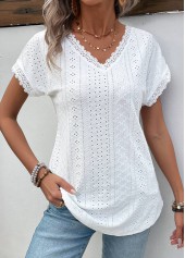White tops,Plain Color tops,Patchwork White V Neck Short Sleeve T Shirt