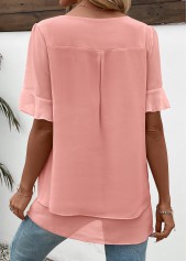 Pink tops,Plain Color tops,ROTITA Layered Pink Round Neck Short Sleeve Blouse
