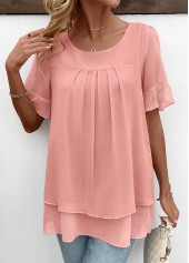Pink tops,Plain Color tops,ROTITA Layered Pink Round Neck Short Sleeve Blouse