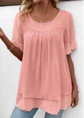 Pink tops,Plain Color tops,ROTITA Layered Pink Round Neck Short Sleeve Blouse