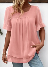 Pink tops,Plain Color tops,ROTITA Layered Pink Round Neck Short Sleeve Blouse