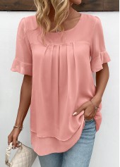 Pink tops,Plain Color tops,ROTITA Layered Pink Round Neck Short Sleeve Blouse