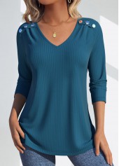 Peacock Blue tops,Plain Color tops,ROTITA Lace Peacock Blue V Neck Long Sleeve T Shirt