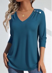 Peacock Blue tops,Plain Color tops,ROTITA Lace Peacock Blue V Neck Long Sleeve T Shirt