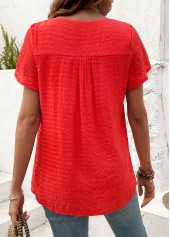 Neon Red tops,Plain Color tops,ROTITA Button Neon Red Round Neck Short Sleeve T Shirt
