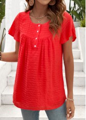 Neon Red tops,Plain Color tops,ROTITA Button Neon Red Round Neck Short Sleeve T Shirt