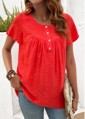 Neon Red tops,Plain Color tops,ROTITA Button Neon Red Round Neck Short Sleeve T Shirt