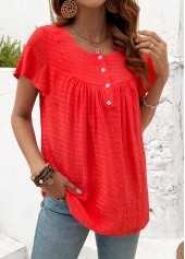 ROTITA Button Neon Red Round Neck Short Sleeve T Shirt
