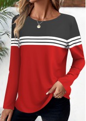 ROTITA Plus Size Red Striped Round Neck T Shirt