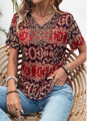 Multi Color tops,Tribal tops,ROTITA Button Tribal Print Multi Color V Neck Blouse