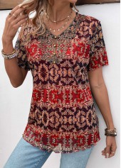 Multi Color tops,Tribal tops,ROTITA Button Tribal Print Multi Color V Neck Blouse