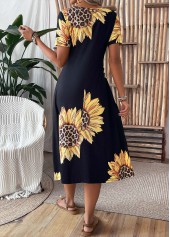 Black dresses,Plants dresses,Floral dresses,Leopard dresses,Vacation dresses,Vacation dresses,Pocket Sunflower Print Black Round Neck Short Sleeve Dress