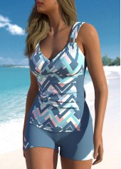 Dusty Blue swimwear,Geometric swimwear,Chevron swimwear,Striped swimwear,ROTITA Patchwork Dusty Blue Geometric Print Tankini Set