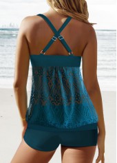 Peacock Blue swimwear,Plain Color swimwear,ROTITA Lace Peacock Blue Patchwork Tankini Set