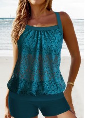 Peacock Blue swimwear,Plain Color swimwear,ROTITA Lace Peacock Blue Patchwork Tankini Set