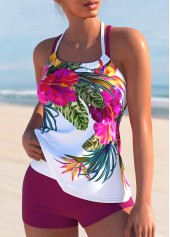 Hot Pink swimwear,White swimwear,Floral swimwear,Plants swimwear,ROTITA Criss Cross Hot Pink Floral Print Tankini Set